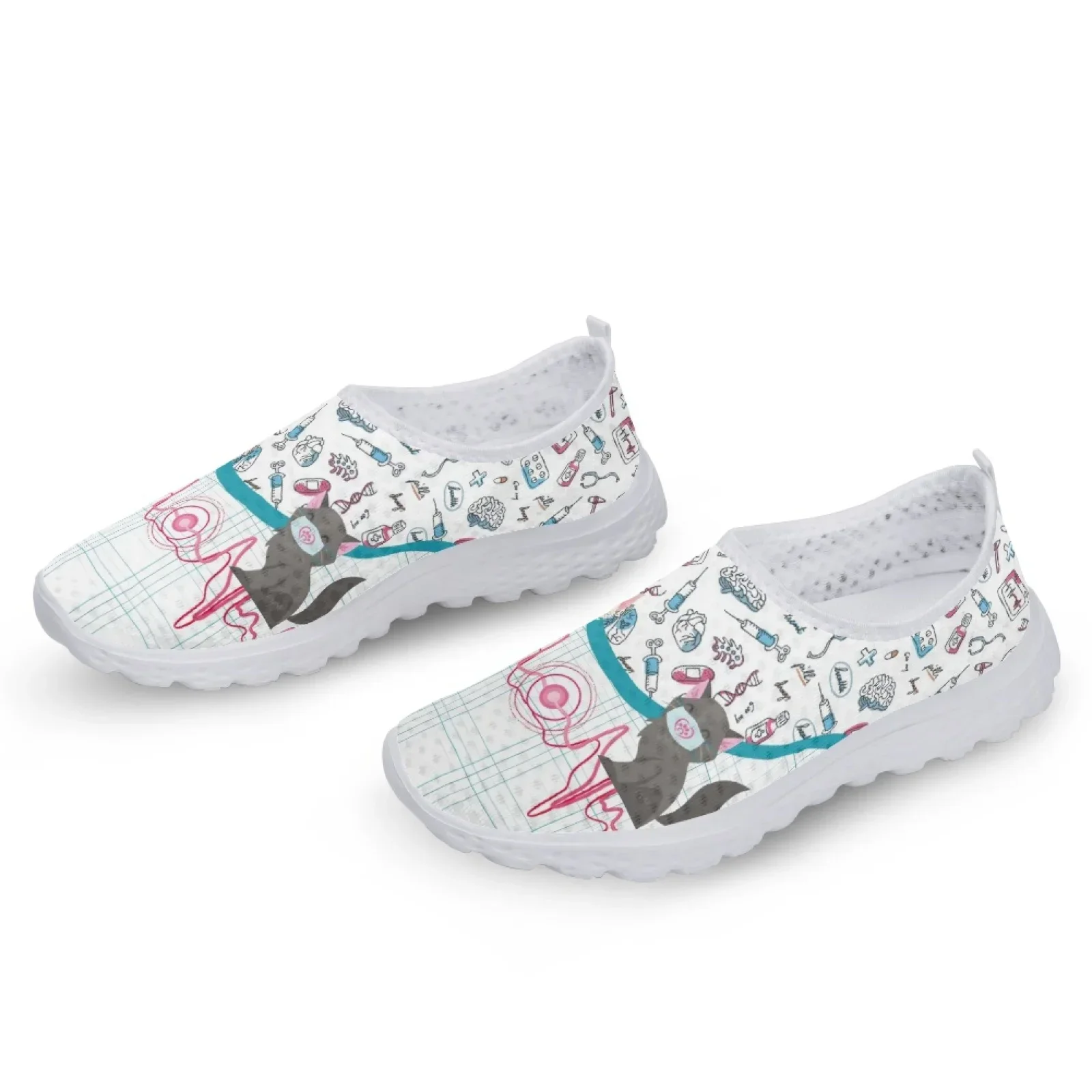 Cute Cat And Medical Tools Cartoon Female Flat Shoes ECG Cats With Mask Printed Women Mesh Sneakers Slip-on Loafers