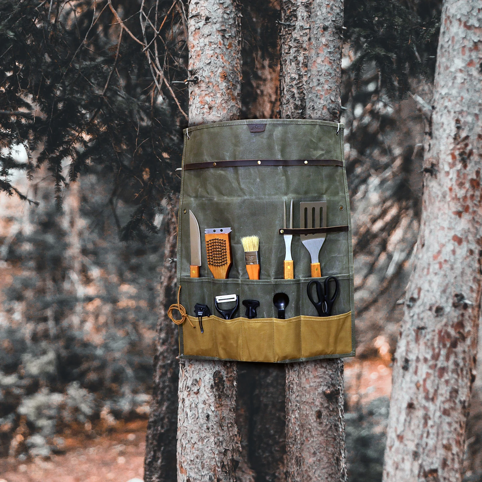 Tourbon Camping Accessories Canvas Tableware Roll Up Bag Cooking Utensils Portable Storage Pouch Tool Organizer