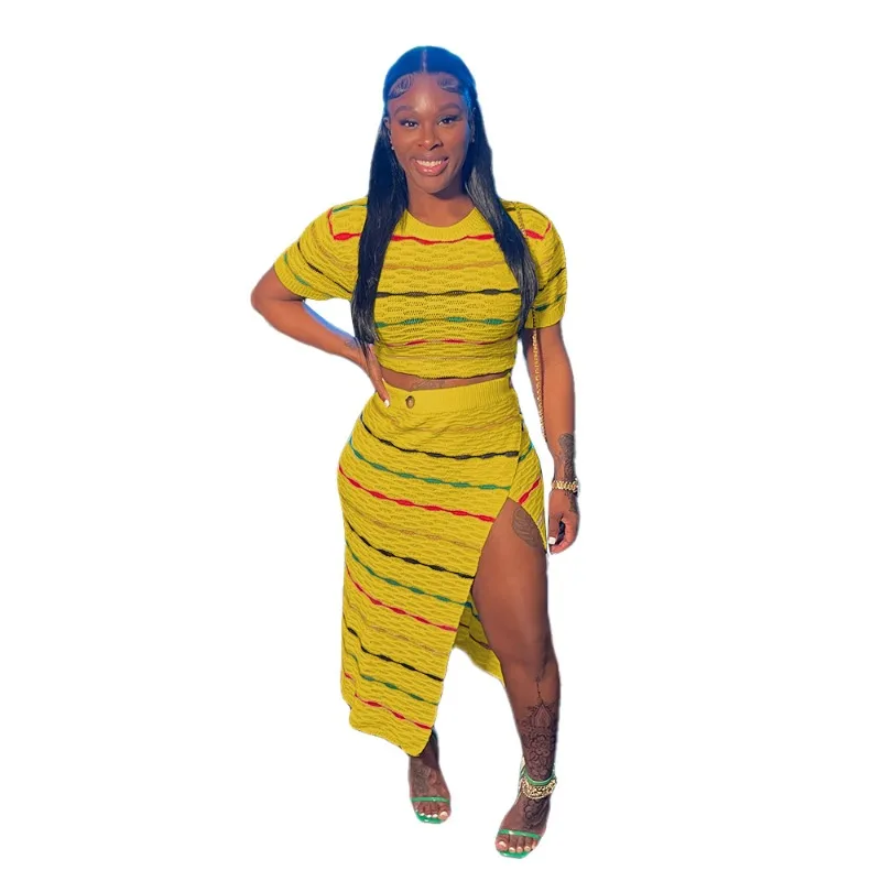 Striped Knitted Women 2 Piece Set Short Sleeve Crop Top Side Slit Maxi Hip Skirts Matching Set 2023 Fall Streetwear Tracksuits