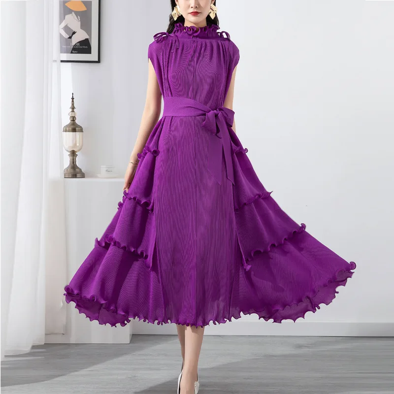 

Ruffled Women's Ruffle Decorative Dress Solid Luxury Women's Sleeveless Belt Design Retro 2024 Summer New Fashion Dress