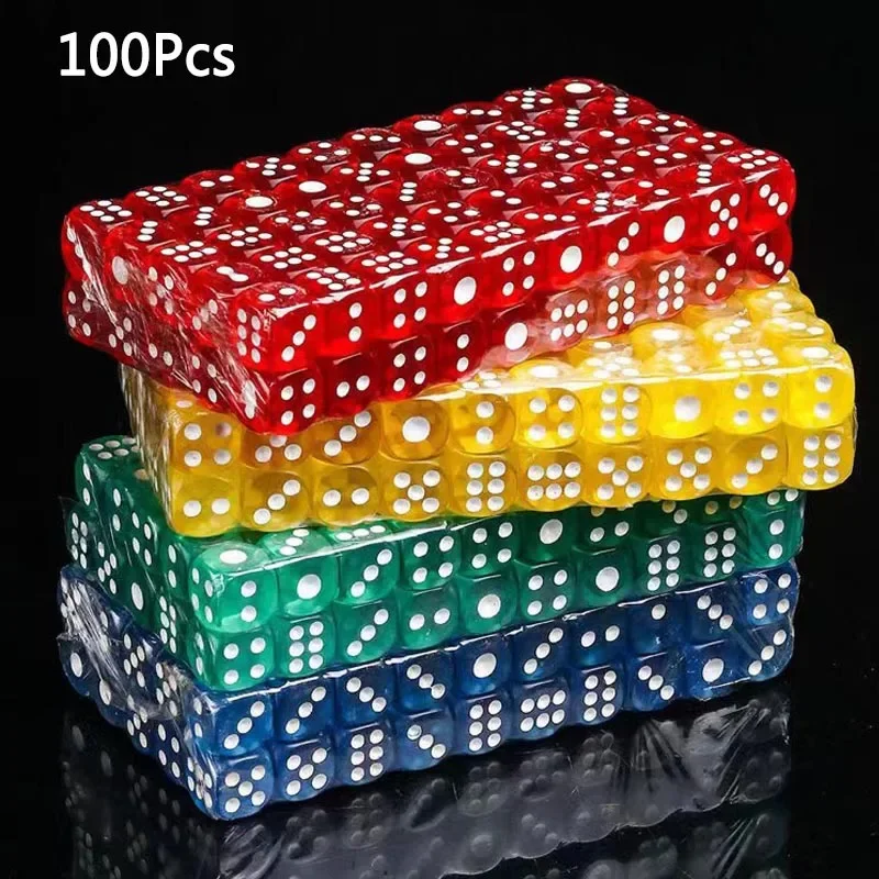 

New 100PCS/Set 12mm D6 Dice Multicolor Transparent Color Acrylic Rounded Edges 6 Sided Dice For Table Board Game Drink Party DND