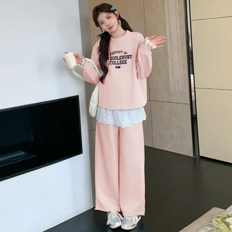 임부복 세트 가을 신상 한국 스타일 캐주얼 나이 감소 루즈 패치워크 레이스 프린트 스웨트셔츠와 바지 투피스 세트