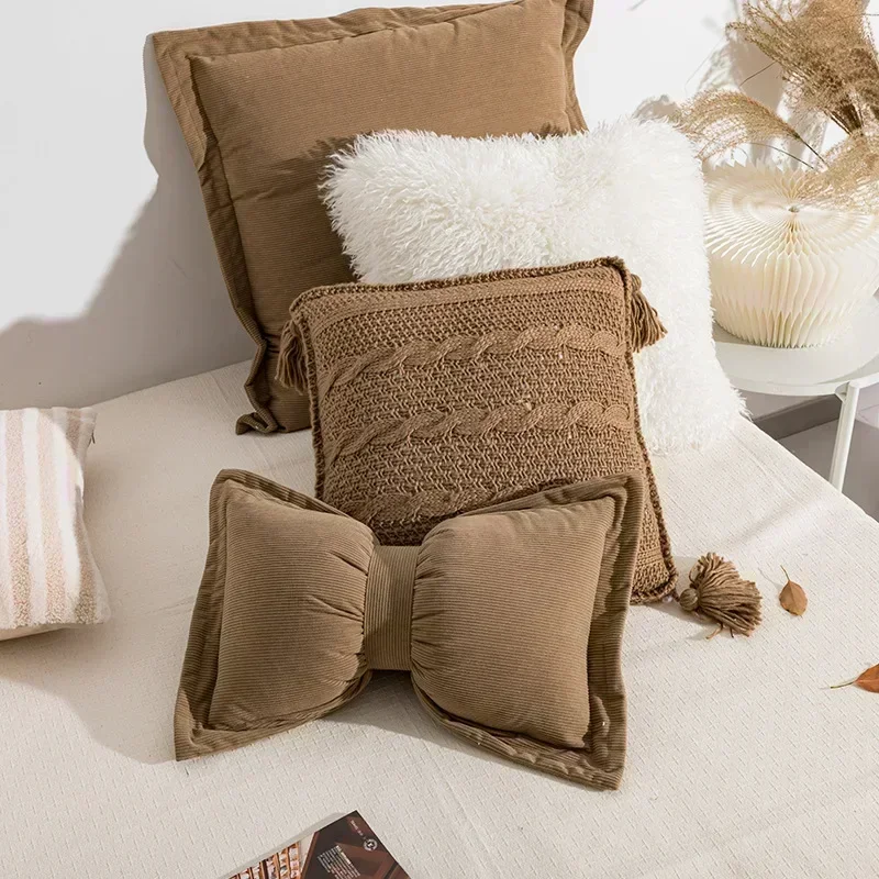Ins Cute Bow Cushion Solid Color Princess Seat Chair Cushion Sofa Decorative Throw Pillows Pompom Cushions 2