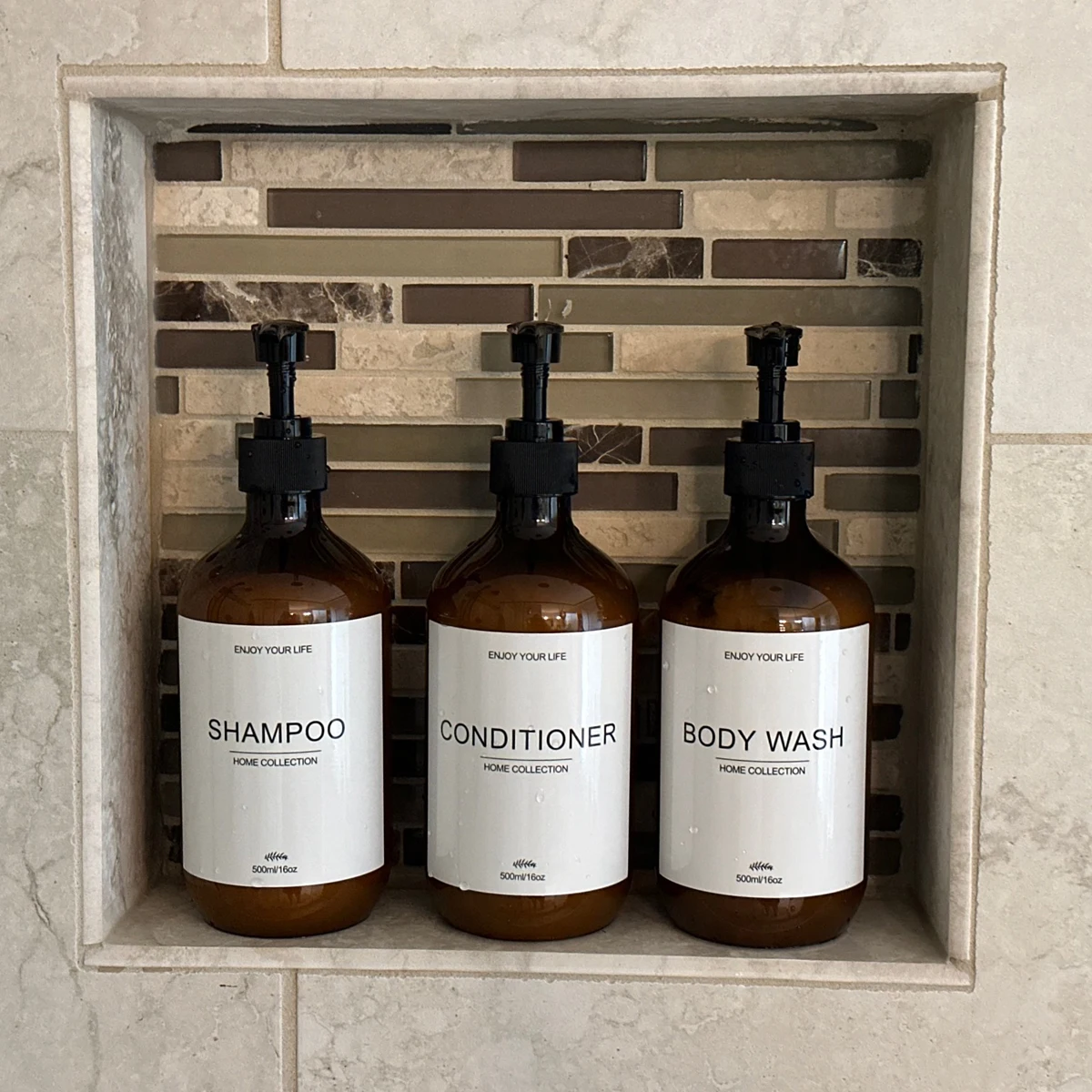 Apothecary Dispenser Bath Shampoo and Conditioner Bottle with Waterproof Label Bamboo Pump Shower Body Wash Lotion Container,soap dispenser,refillable bottle,shampoo dispenser,soap dispenser bottle,refillable plastic bottles