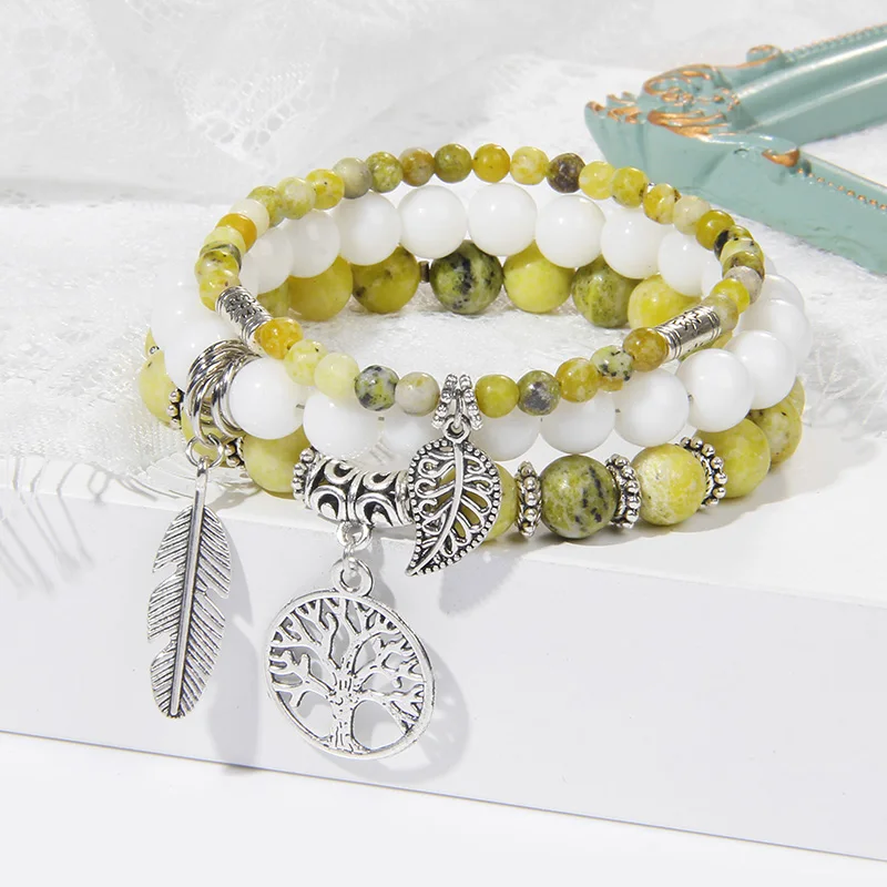 Set 4 Bracciali Elastici Boho Con Perline Di Legno E Albero Della Vita - Argento, Regalo Amicizia