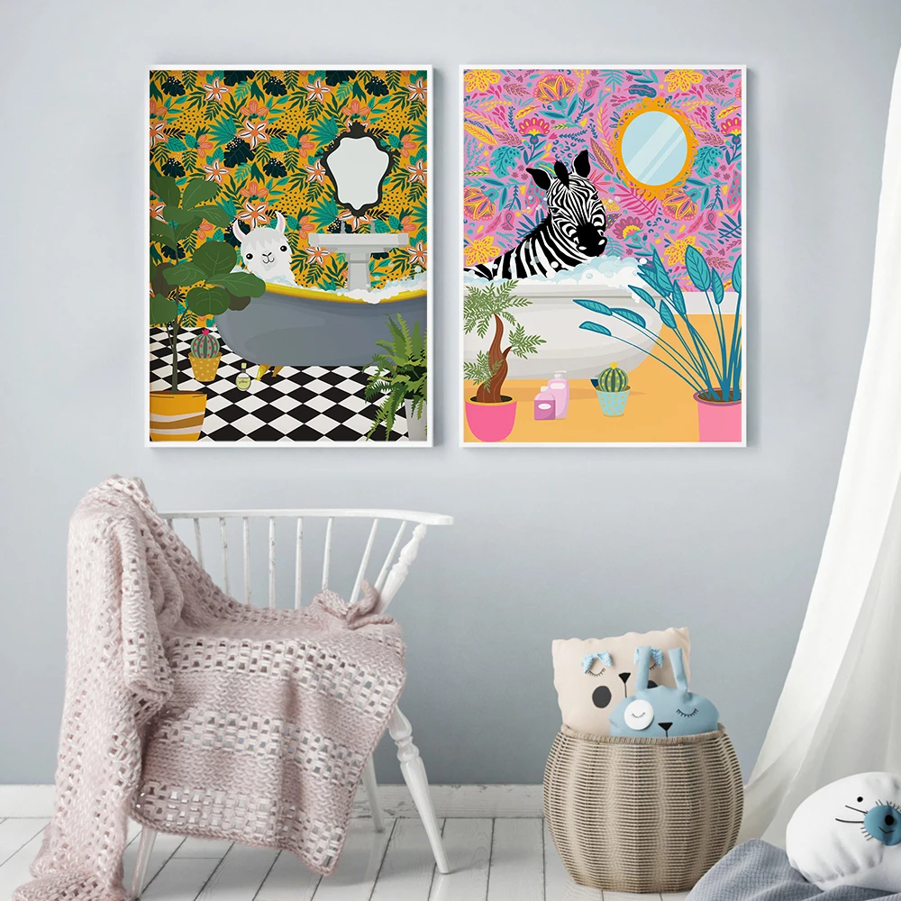 

Zebra in Bathtub Botanical Poster Jungle Reading Newspaper Animal Wall Art Canvas Painitng Tropical Bathroom Safari Pink Decor