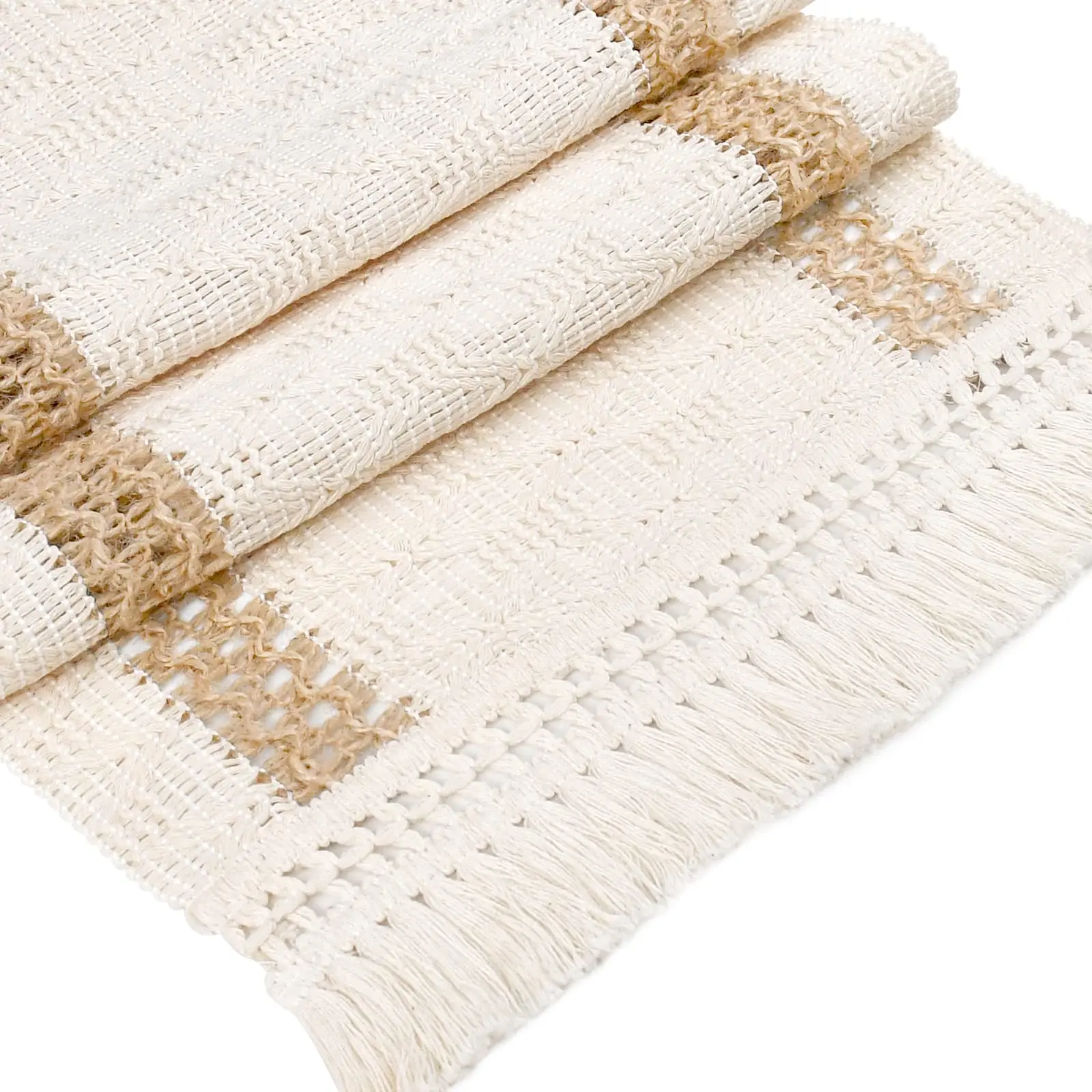 Macrame Placemats Set of 4, Cream Beige Boho Place Mats with Tassels, Hand Woven Cotton and Burlap Splicing, Rustic Placemats