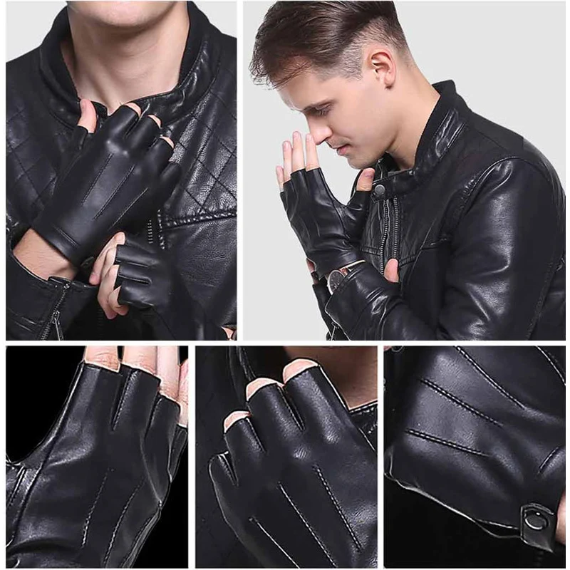 Fingerless Men Gloves PU Leather motor Punk Gloves Male Mittens Black Half Finger Outdoor Driving Guantes Ciclismo fingerless gloves half finger gloves fingerless gym gloves