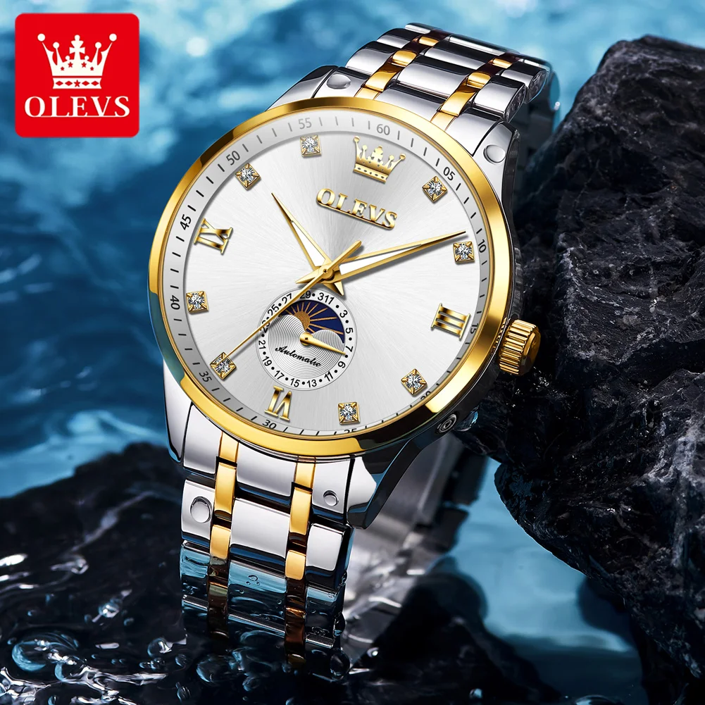OLEVS 7041 Automatic Watch For Men Luxury Stainless Steel Mechanical Business Wristwatch Moon Phase Date Waterproof Man Watches