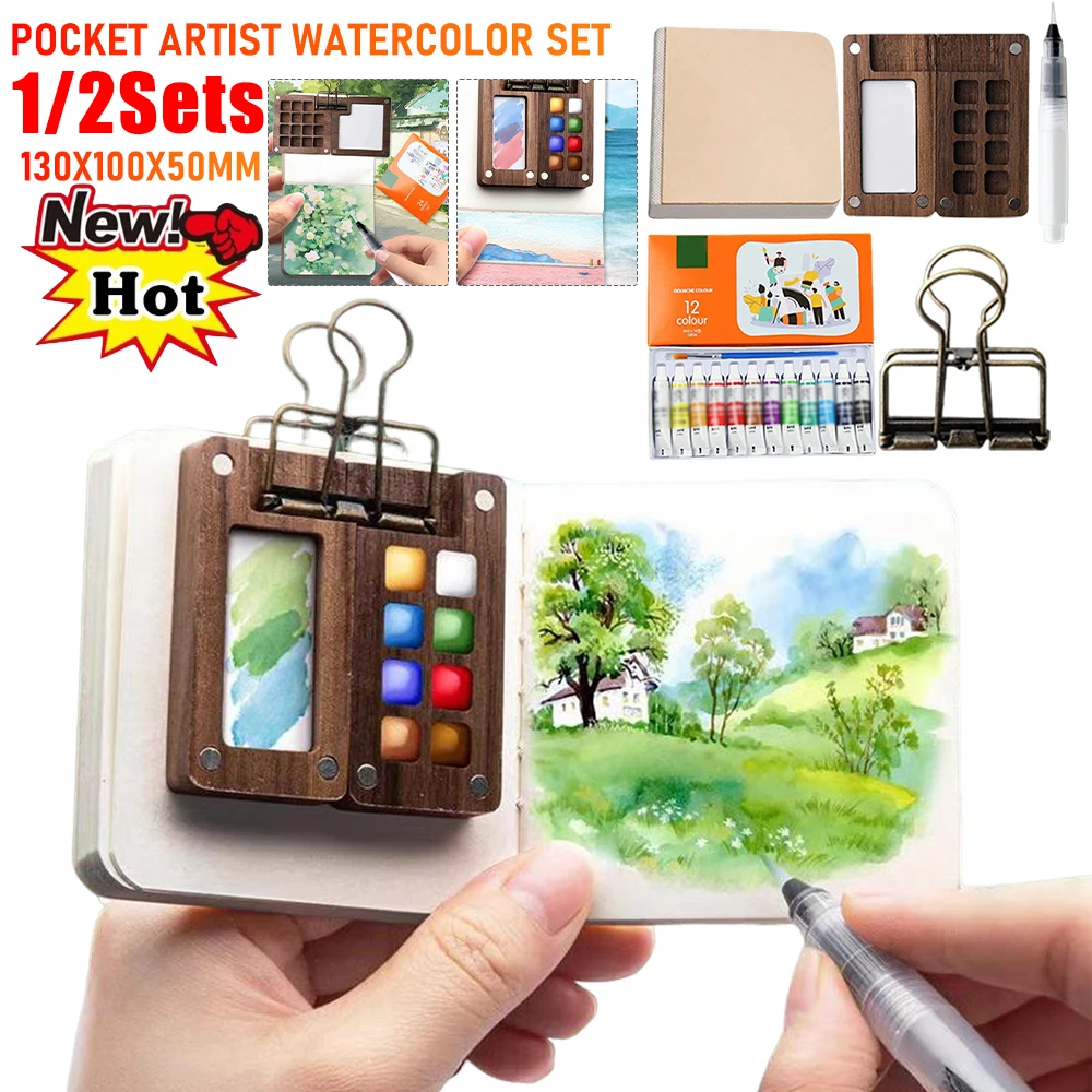 1/2SET Mini Travel Paint Palette With Clip And Watercolor Pocket 8/15 Grids Wooden Sketchbook Palette For Artists And Students for Portable Watercolor Set
