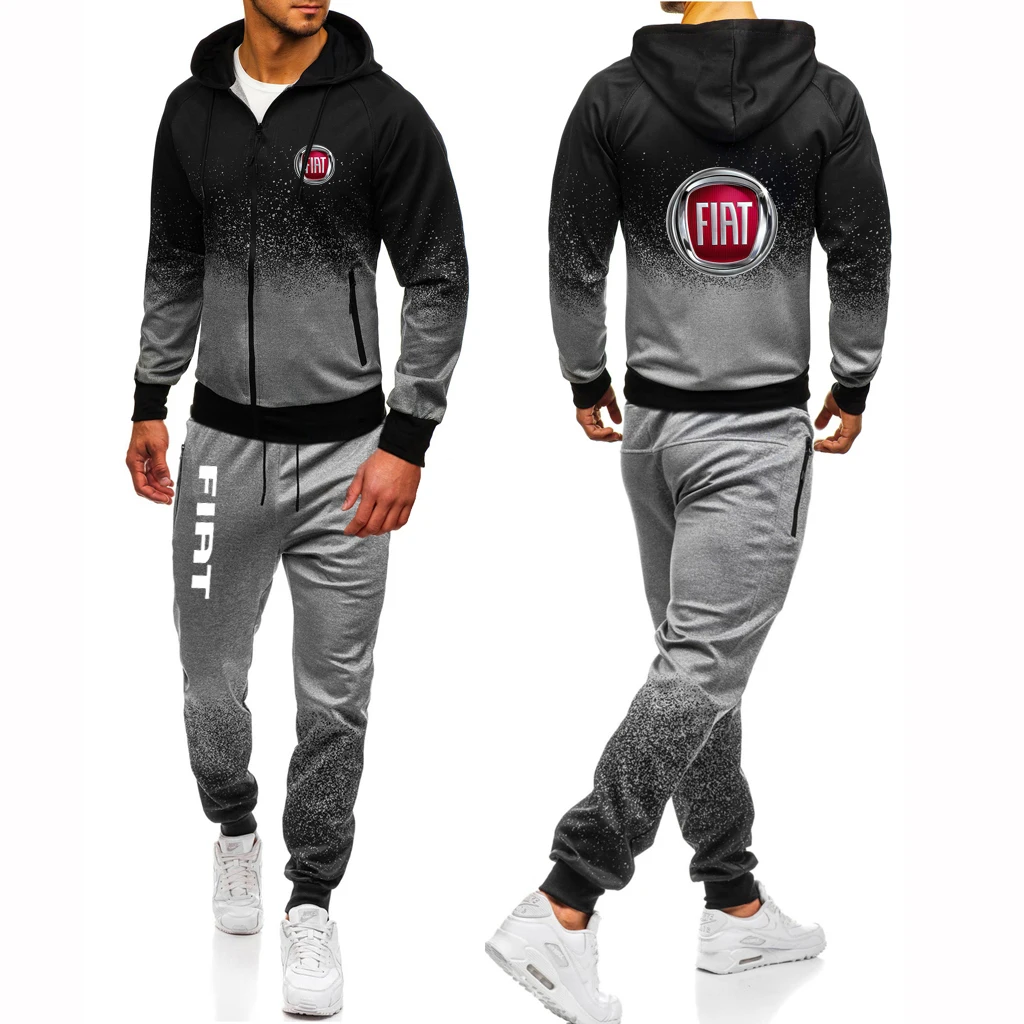 

2023 New Fiat Printed Men's Spring Autumn Gradients Harajuku Style Fashion Fleece Jacket Hoodie+Pants Custom 2 Piece Set