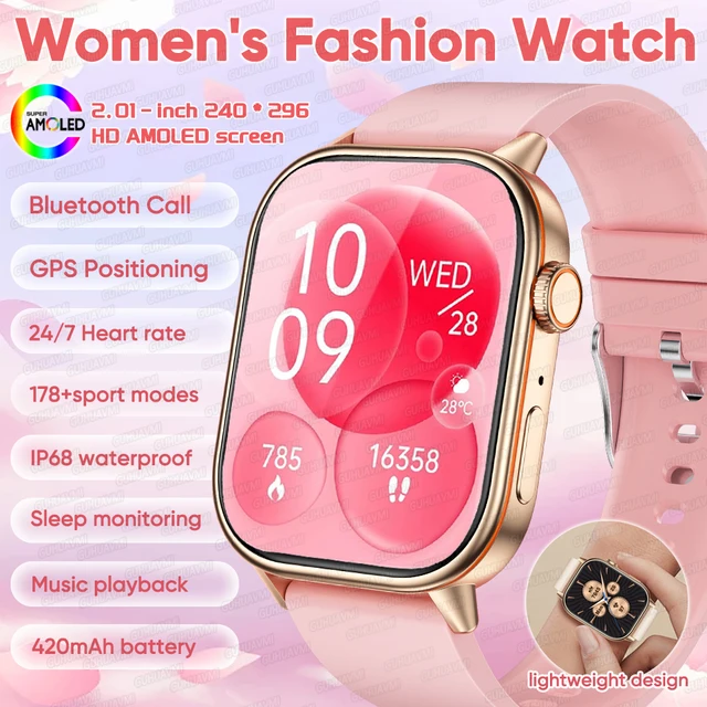 2026 New GPS Ladies Sports SmartWatch 2.01" HD AMOLED Screen Bluetooth Call 178+Sport Mode IP68 Waterproof Smart Bracelets Women