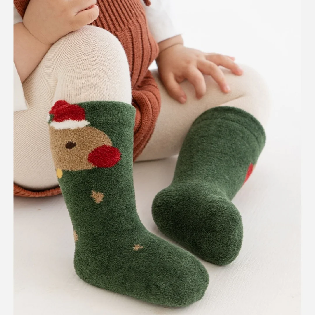5 Pairs Baby Boys Girls Warm Socks Autumn Winter Fleece Soft Floor Sock with Santa Claus Snowman Decor 0-5Years