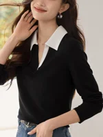Women's solid color long-sleeved POLO shirt neckline contrast design, spring and autumn fashion casual daily knitted tops. - Image 4
