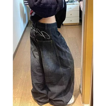Black Womens Jeans High Waist Vintage Design Hip Hop Straight Baggy Denim Pants Street Y2K American Style Wide Leg Denim Trouser 1