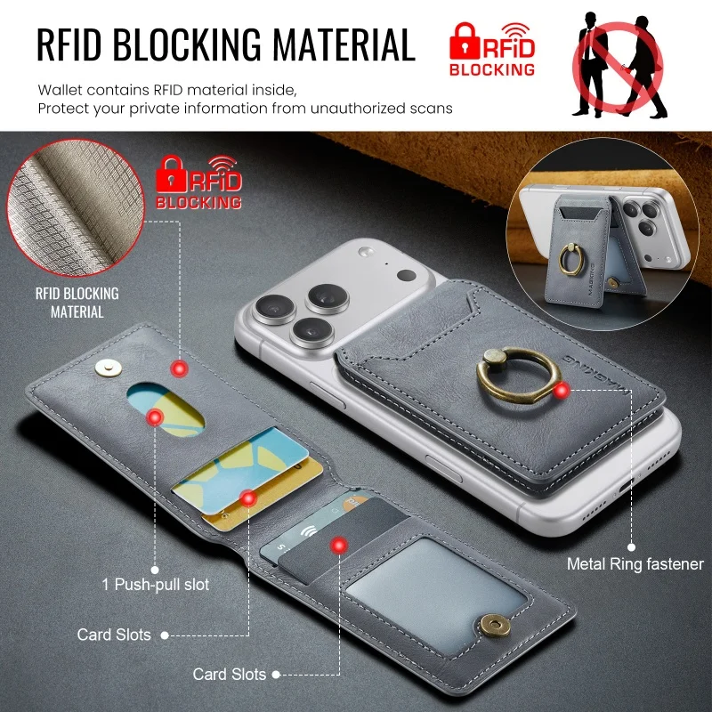 Magnetic Leather Wallet Card Holder with Ring Grip