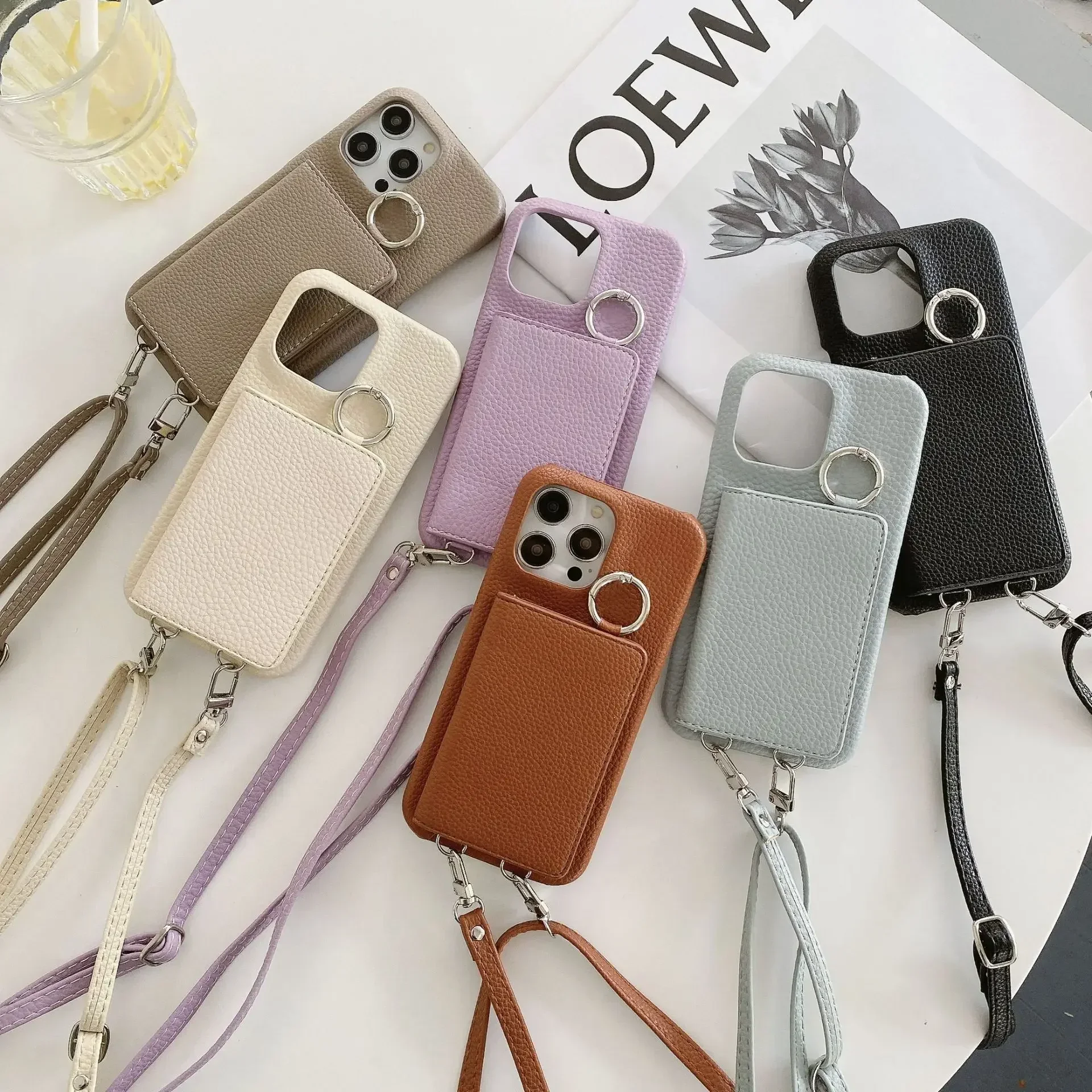 Leather Crossbody Wallet Case with Ring Holder and Mirror - Card Slot Design