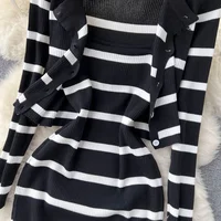 Korean Sweet Hit Color Patchwork Striped Spaghetti Strap Dress and V Neck Long Sleeve Cardigans 2 Pieces Sets - Image 4
