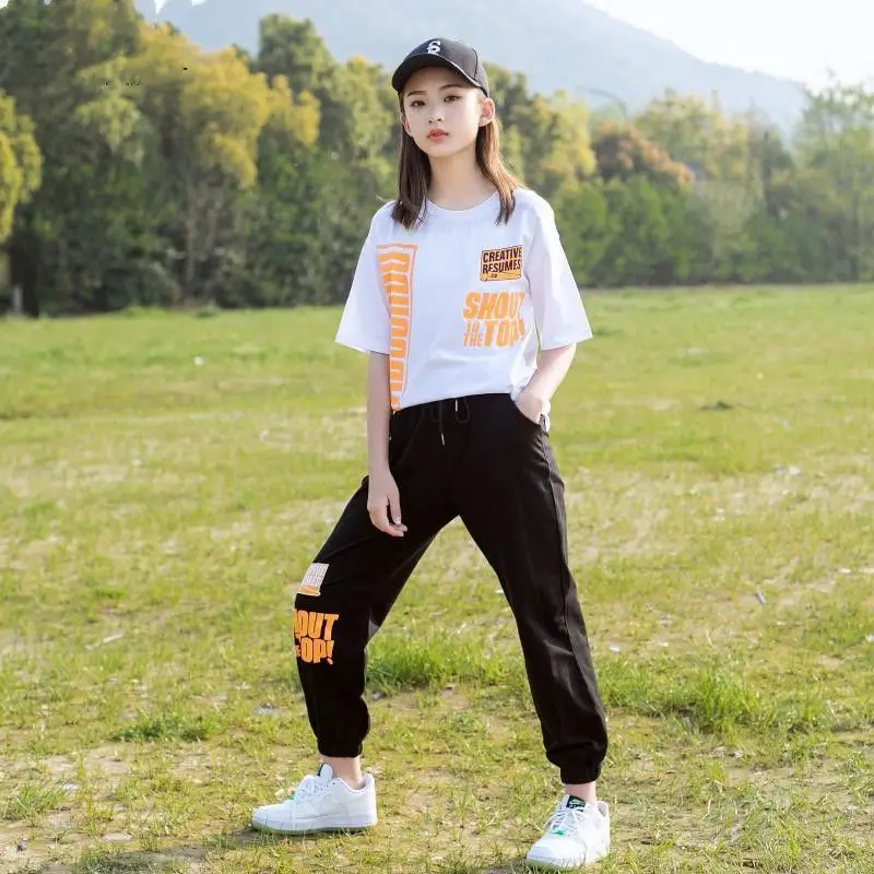 

Kids Summer 5-14 Years Casual girls Top Suit School Girls White T-Shirt+ Drawstring Jogging Pants Child 2 Pieces Outfit Clothing
