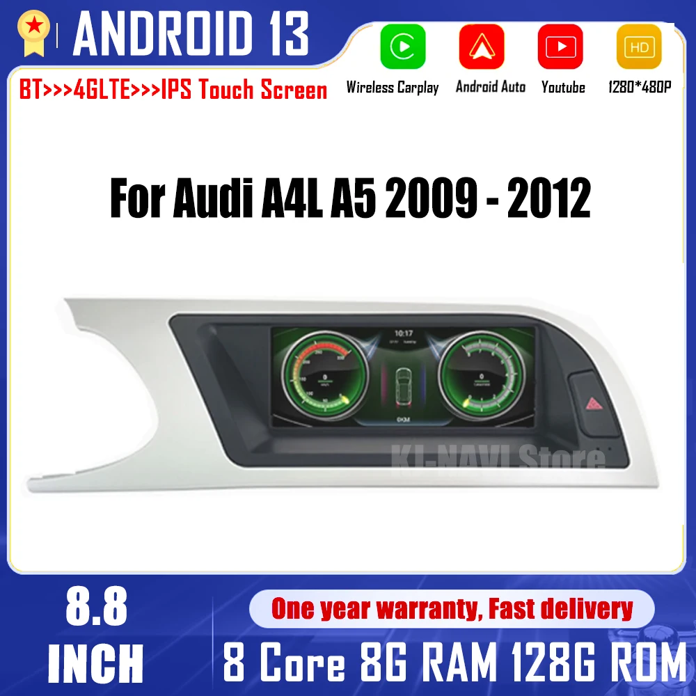 

For Audi A4L A5 2009 - 2012 Android 13 Radio WIFI 4G Carplay BT IPS Touch Screen GPS Car Multimedia 8.8 '' Player Auto Stereo