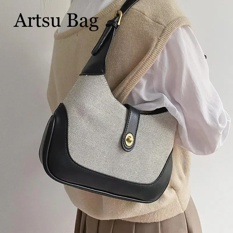 

Vintage Canvas Patchwork Shoulder Underarm Bag Contrasting Color Women Bag Baguette Bag Ladies Handbag