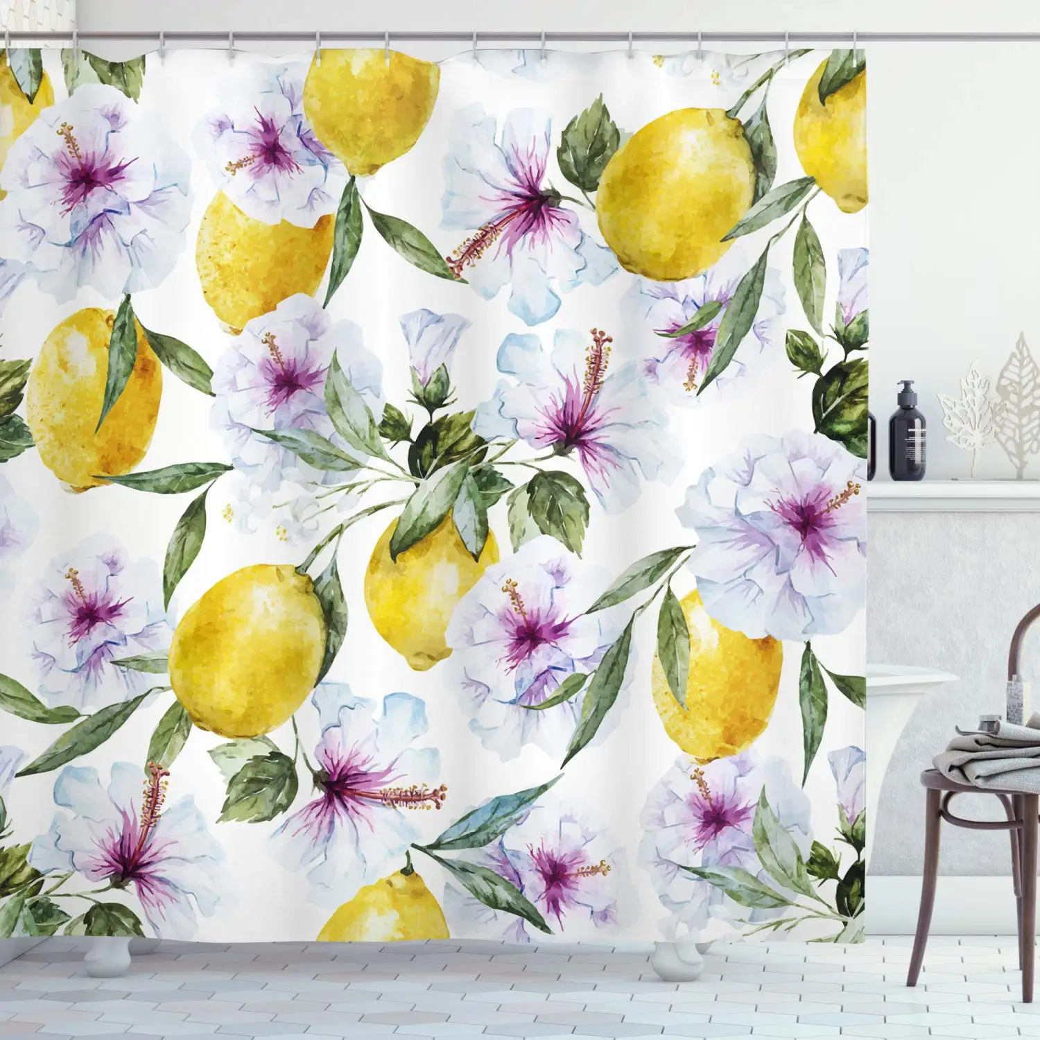 

Spring Shower Curtain, Flowers Lemons Agriculture Harvest Aroma Organic Watercolor Art Waterproof Cloth Fabric Bathroom Curtains