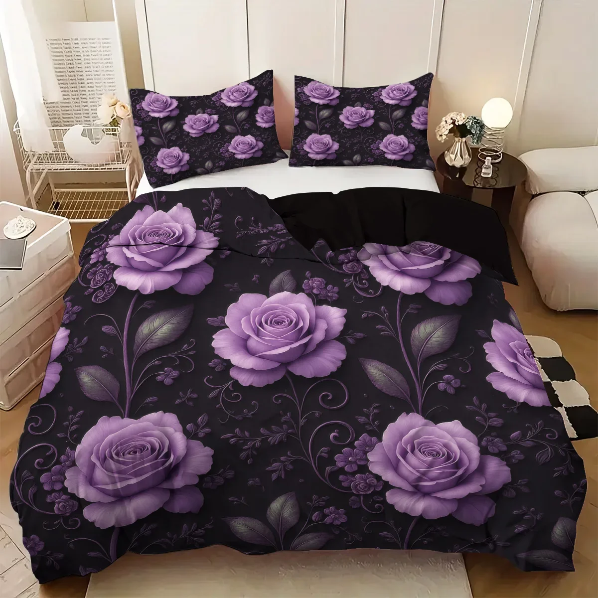 3pcs purple rose heart patterned duvet cover set, 1 duvet cover+2 pillowcases, coreless. Soft and comfortable bedding set