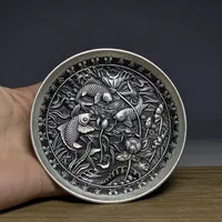 Collection Chinese Tibet Silver Carved Fish Plate Dish Exquisite Statues 2