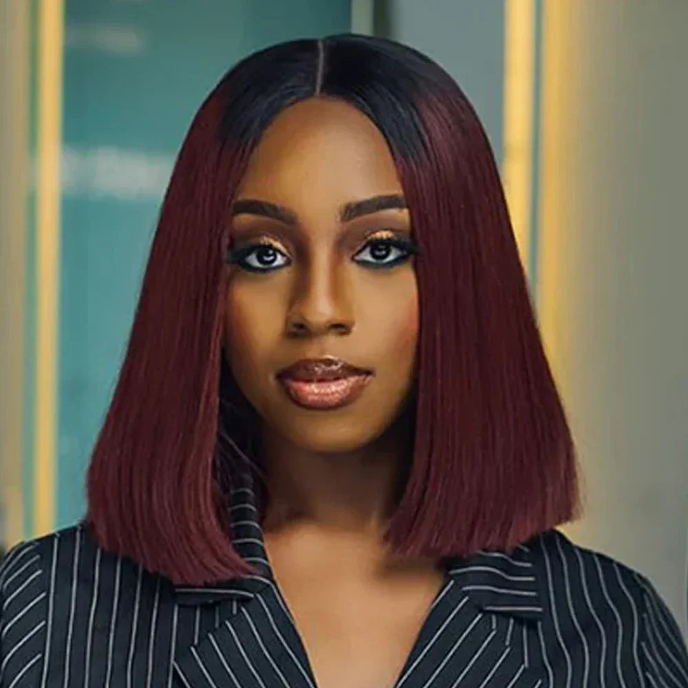 Human Hair Wig 99J Wine Red Short Bob Virgin Brazilian Bone Straight Bob Hair 2x6 Lace Closure Wig for Women with Baby