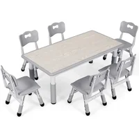 Kids Study Table and 6 Chairs Set, Height Adjustable Graffiti Table, Preschool Activity Art Craft Table for 6, Multifunctional 1
