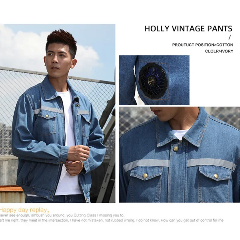 Durable Denim Welding Fan Men's Workwear Top For Summer Cooling Air Conditioning Clothing