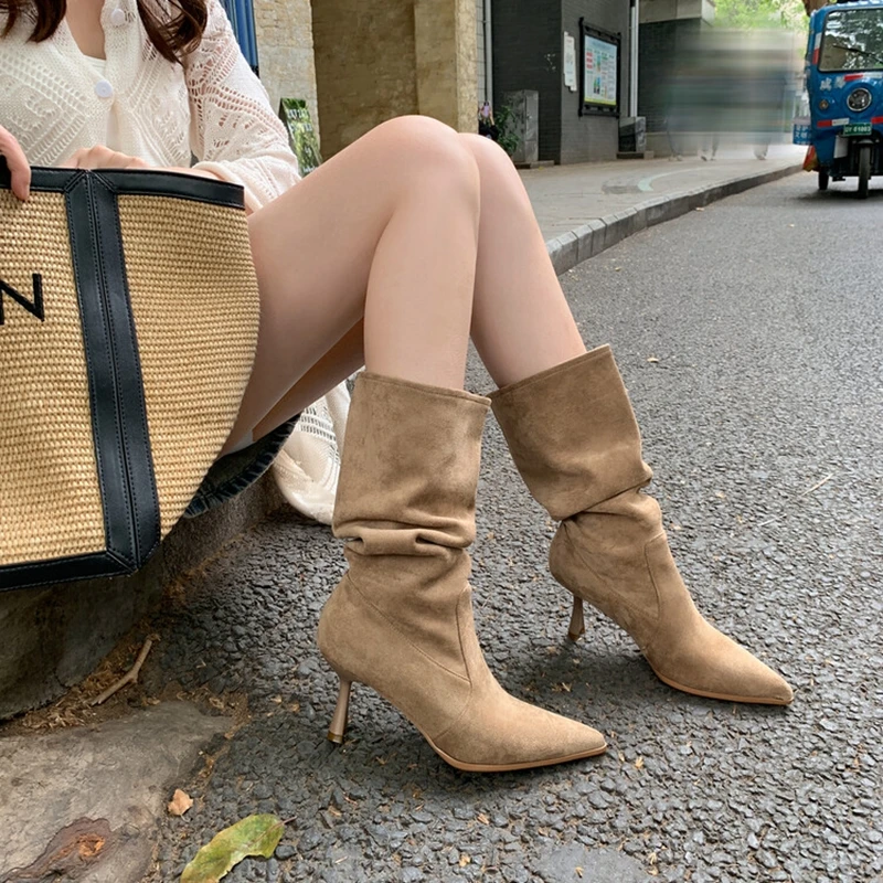 

Autumn Boots Women Solid Sheep Suede Leather Boots Pointed Toe Thin Heel Shoes Women Elegant High Heel Long Boots botas mujer