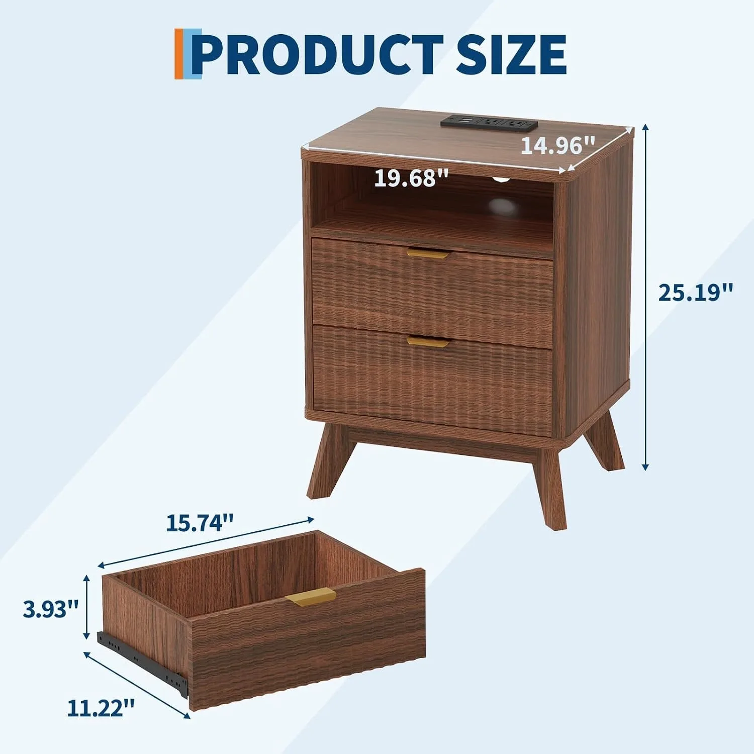 Walnut Nightstand with Drawer and Open Shelf USB Charging Station Bedside Table with AC Outlets Fluted Wood Side Table Storage Cabinet for Bedroom Living Room Sofa 6 Walnut Nightstand with Drawer and Open Shelf USB Charging Station Bedside Table with AC Outlets Fluted Wood Side Table Storage Cabinet for Bedroom Living Room Sofa 6