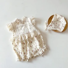 

Newborn Baby Girl Romper Summer New Floral Mesh Patchwork Bodysuits for Infants Flying Sleeve Cotton Kids Clothes Girls Costumes