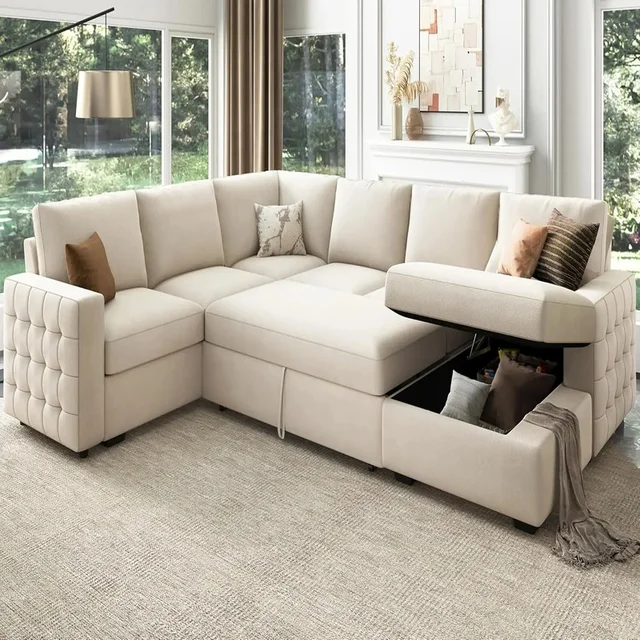 Divano letto componibile a forma di U in velluto beige con letto estraibile e contenitore per il soggiorno 2
