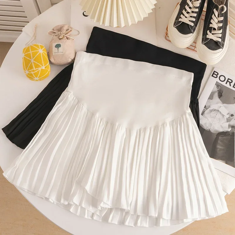 Summer Maternity Belly Skirts Adjustable High Waist Pregnant Woman Mini Skirt with Shorts Lining Irregular Chiffon Pleated Skort