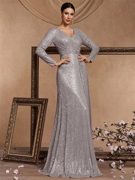 فستان سهرة فاخر بطول الأرض ورقبة على شكل حرف v للنساء فستان ماكسي أنيق للحفلات ترتر وأكمام طويلة للحفلات الراقصة وحفلات الكوكتيل 5