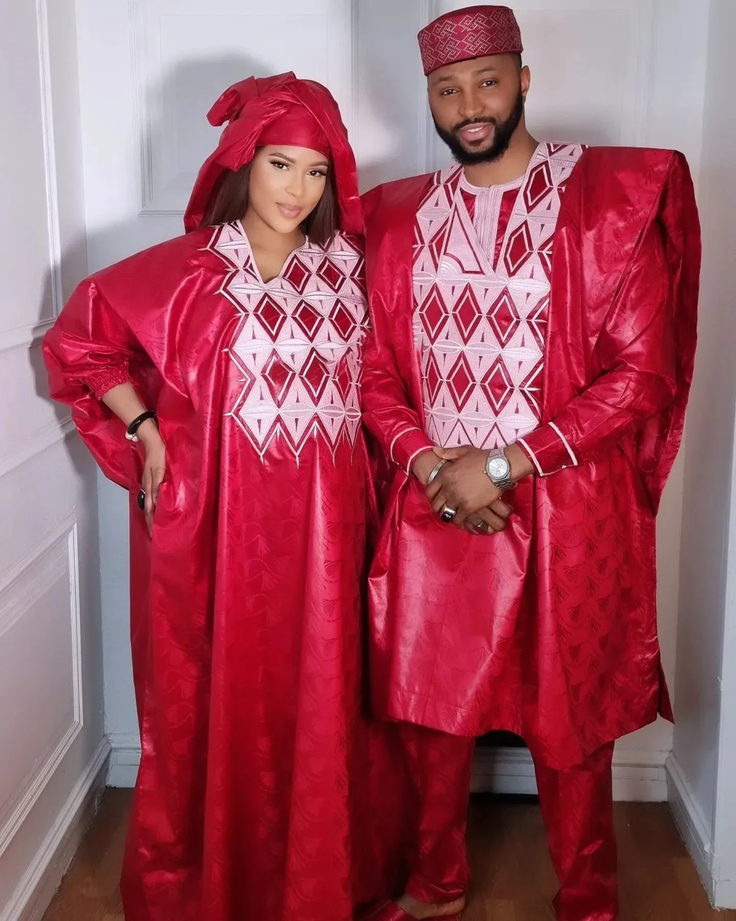 New African Clothes for Men Dashiki Tradition Outfit Robe Embroidery Red Tops Pants Suits Bazin Muslim Wedding Party Clothing 1