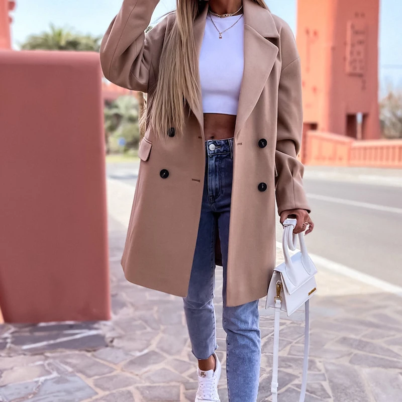 

2022 Women Casual Midi Jackets Elegant Lapel Double Breasted Woolen Jacket Autumn Winter Fashion Loose Solid Outerwear