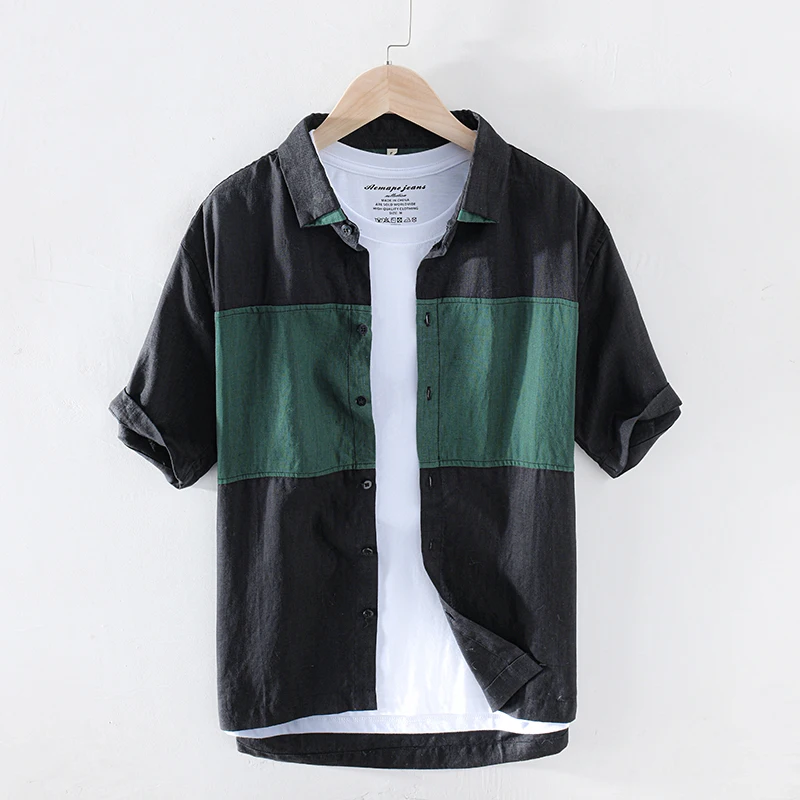

Retro Contrast Color Stitching Short Sleeve 100%Pure Linen Shirt Men's Casual Art Slim Fit Black Clothing