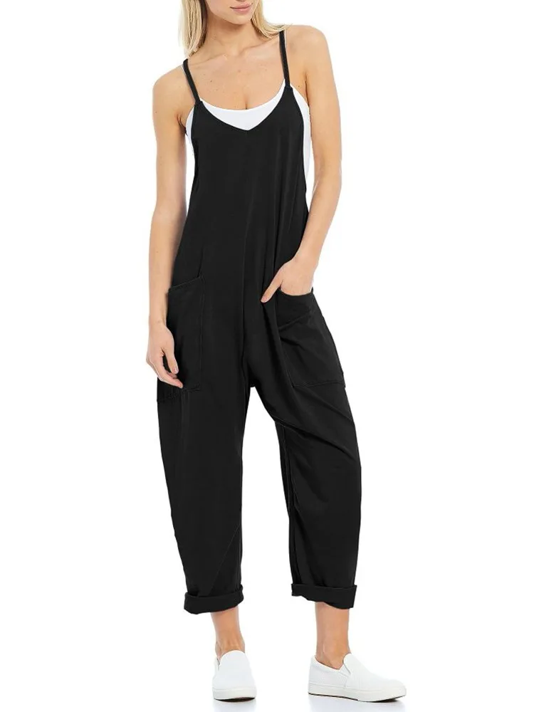 Women Casual Jumpsuit 2024 Spring Summer Solid Loose Suspended Knitted with Straps for Women Chic Pocket Strap Streetwear Romper