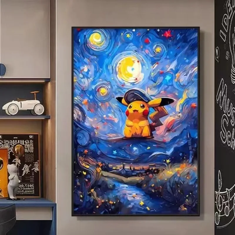 New Van Gogh Museum Pokemon Anime Figures Pikachu Watercolor Painting Canvas Posters and Prints Wall Art Picture for Living Room