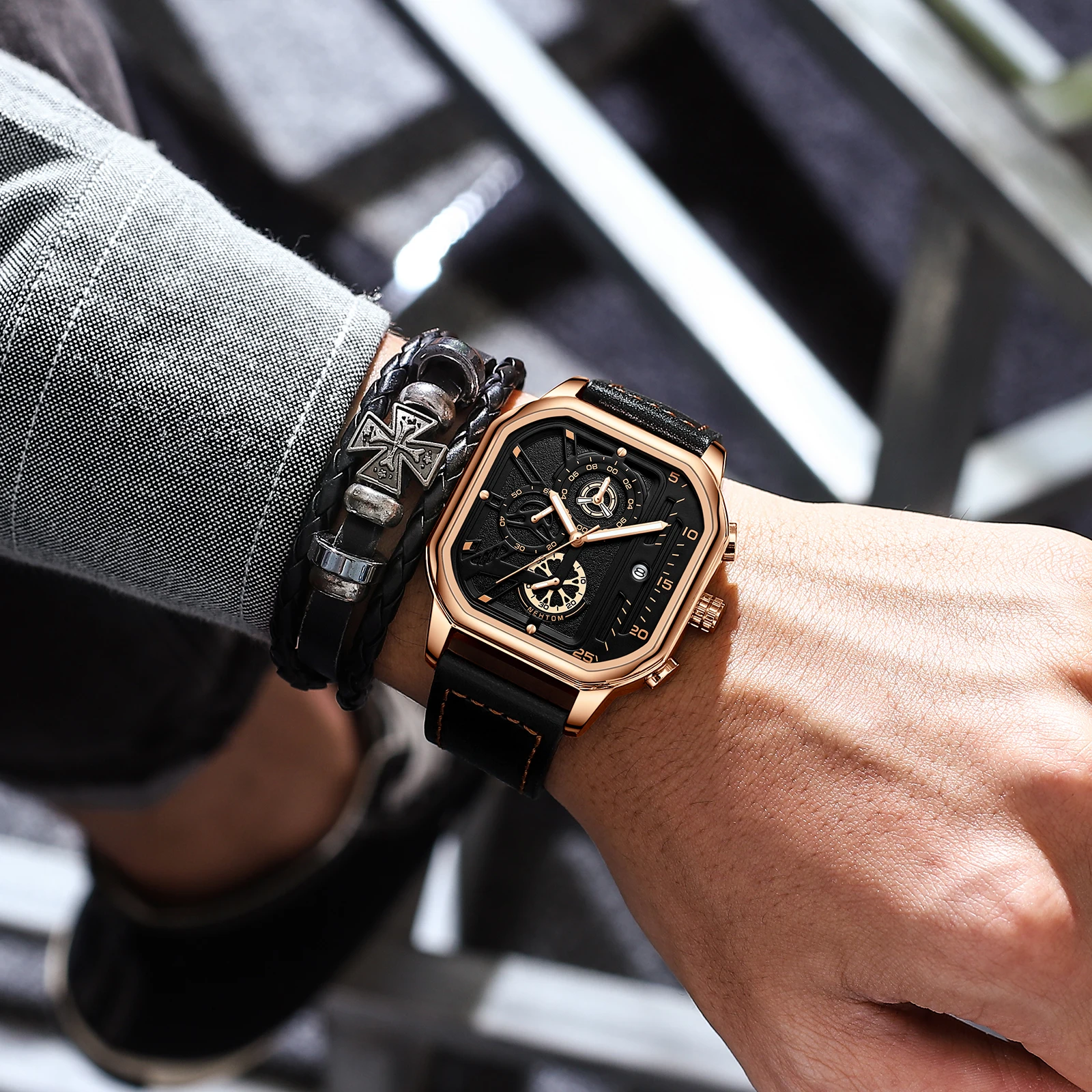 NEKTOM 2022 New Watches Square Sport Mens Watches Waterproof Full Leather Quartz Gold Clock Man Watches Luminous Wristwatch
