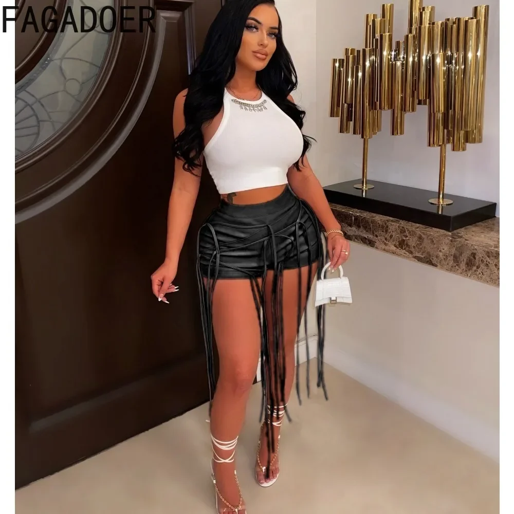 FAGADOER Fashion Street Y2K Hot Girl Clothing Women PU Leather High Waist Skinny Shorts Casual Solid Color Tassels Bottoms 2023