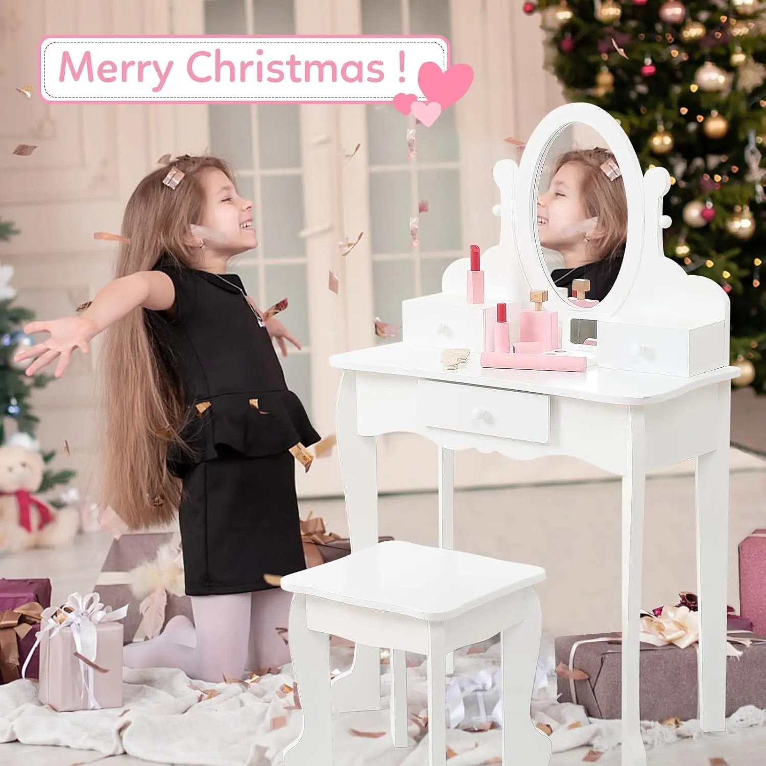 Kinder-Schminktisch mit Stuhl, Make-up-Schminktisch für Mädchen mit verstellbarem Spiegel und Schublade, Kinder-Waschtisch-Set für Mädchen- und Kinderzimmer – Detail 18