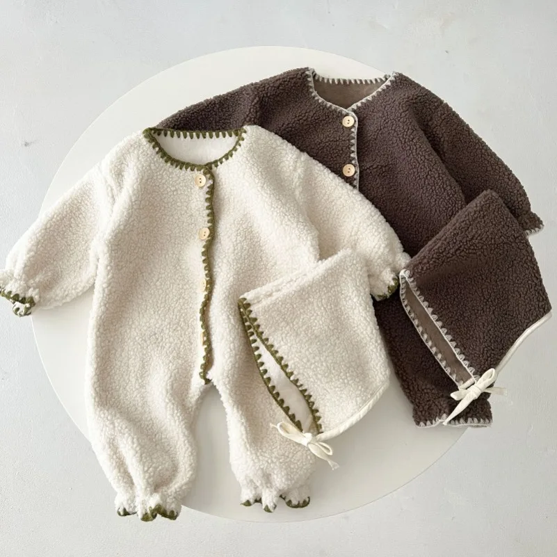 Winter Fashion Baby Romper Lamb Wool Jumpsuit Hat Set for Boys Girls Loose Toddler Infant Rompers Plush Kids Clothing 0-3Years 2