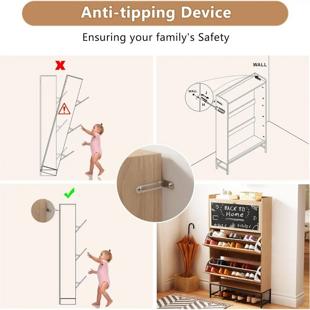 Shoe Storage Cabinet Set of 2 with 3 Flip Drawers Freestanding Narrow Shoe Cabinets Slim Shoe Racks Cabinet 4