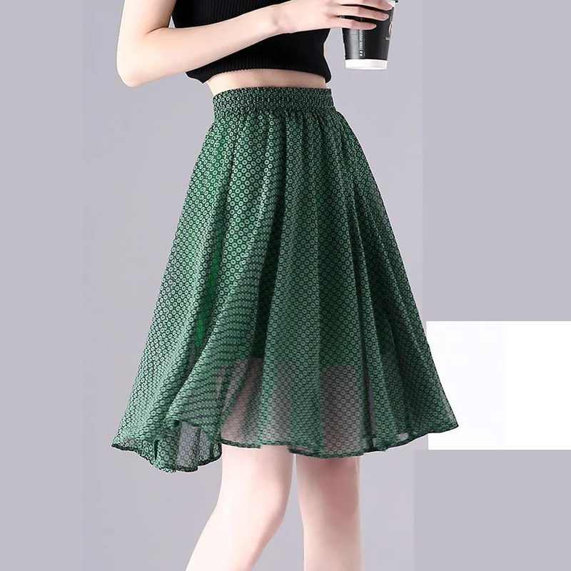 

a-line skirt women's umbrella polka dot large size chiffon short summer floral new half skirt green 2022 Print Casual