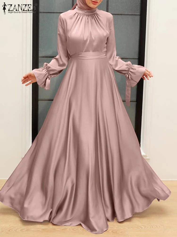 2023 ZANZEA Spring Women Satin Sundress Muslim Maxi Dress Long Sleeve Solid Dubai Turkey Abaya Hijab Dress Ramadan Robe Femme