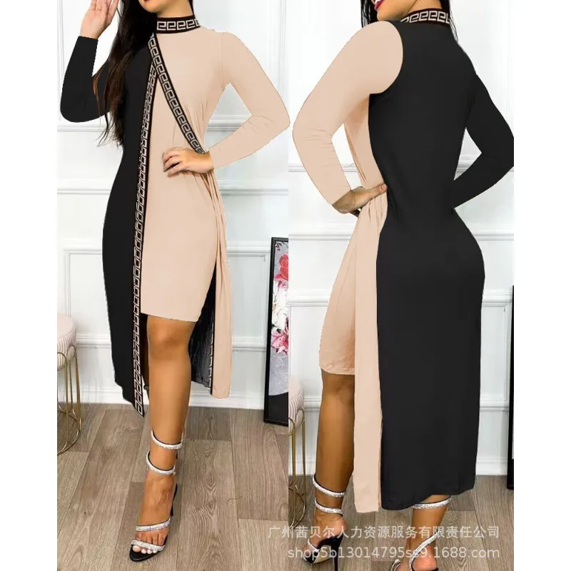 

Wepbel Y2K Ribbon Sheath Dress Women O-neck Long Sleeve Autumn Slit Dress Geo Tape Patch Colorblock Slit Cloak Casual Dress